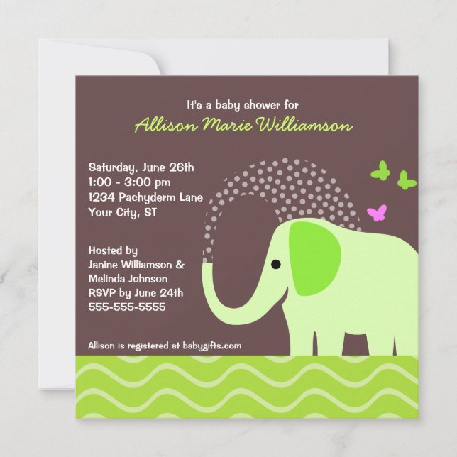 Invitación Baby Shower de Elefantes y Mariposas (Anverso)