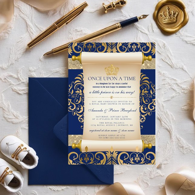 Invitación Baby Shower de Elegant Scroll Prince (Boy Royal Prince Baby Shower | Blue Royal Baby Shower)