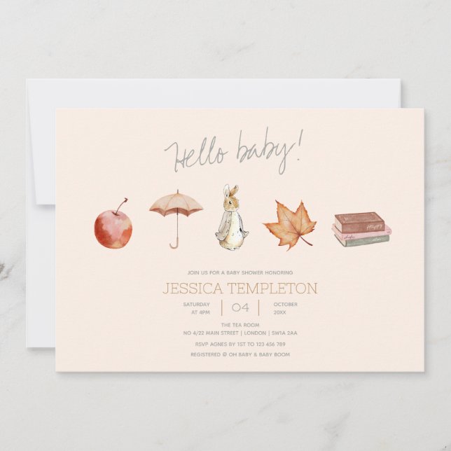 Invitación Baby Shower de elementos de caída de conejo (Anverso)