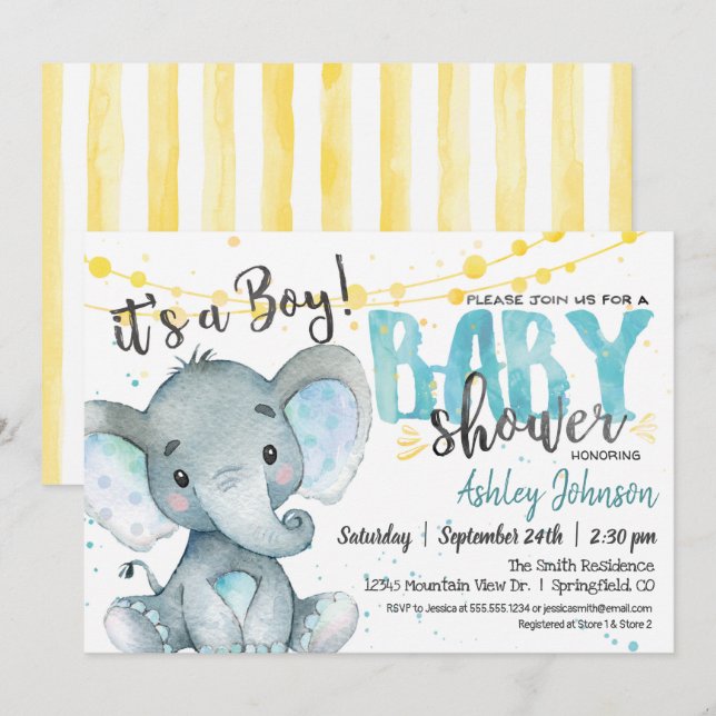 Invitación Baby Shower de Elephan, niño azul y ama (Anverso / Reverso)