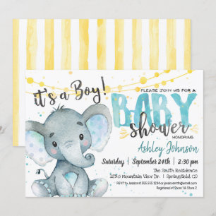 Invitación Baby Shower de Elephan, niño azul y ama