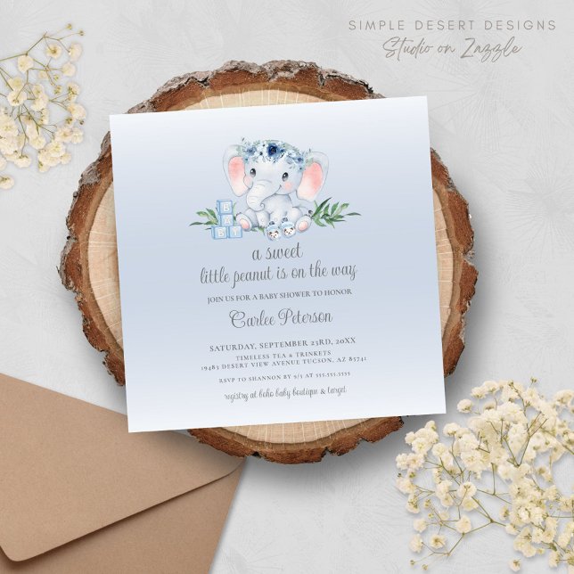 Invitación Baby Shower de Elephant Baby Boy modern (Mondern Blue Baby Shower Invitation with Floral Greenery Accents and Vintage Aesthetics)