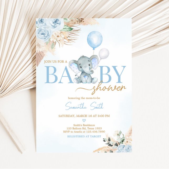 Invitación Baby Shower de Elephant Blue Balloon (Blue Floral Pampas Grass Elephant Baby Shower Invitation)