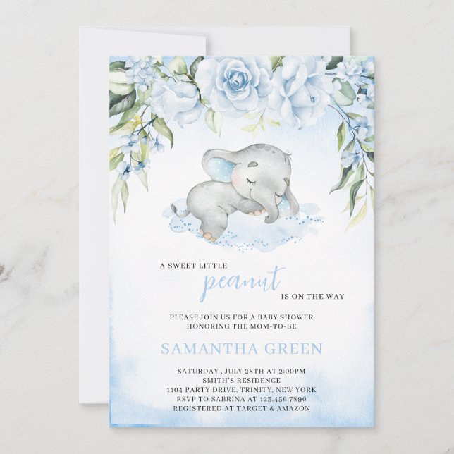 Invitación Baby Shower de Elephant Blue Boy (Anverso)