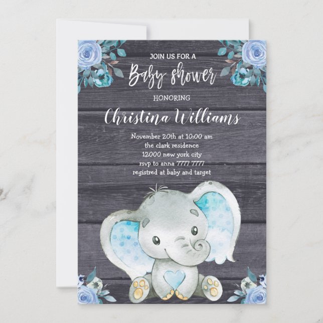 Invitación Baby Shower de Elephant Blue Floral Boy (Anverso)