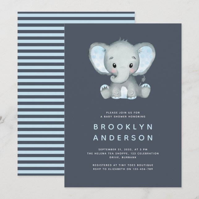 Invitación Baby Shower de Elephant Boy Blue Stripe (Anverso / Reverso)