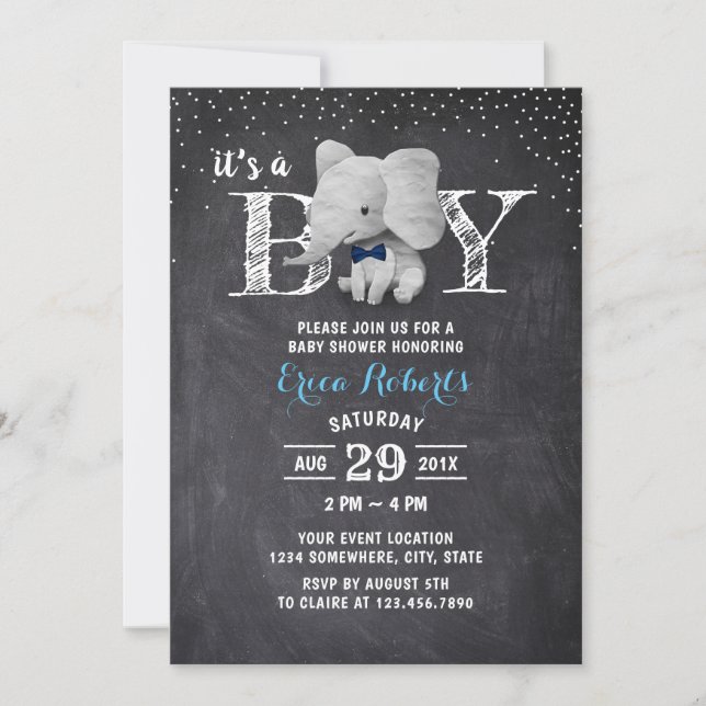 Invitación Baby Shower de Elephant Boy Rustic Chalkboard (Anverso)
