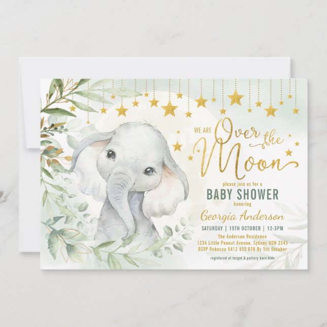 Invitación Baby Shower de Elephant Moon & Stars Greenery (Anverso)