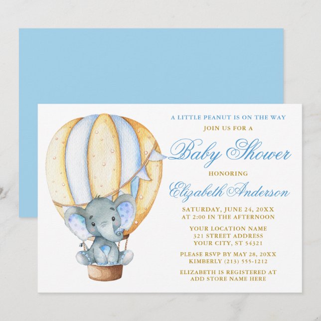 Invitación Baby Shower de Elephant Peanut Balloon de aire cal (Anverso / Reverso)
