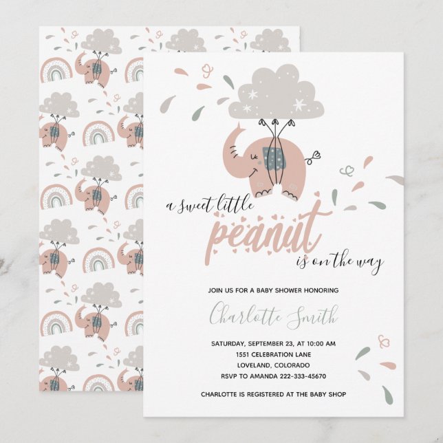 Invitación Baby Shower de Elephant Pink Cute Chica (Anverso / Reverso)