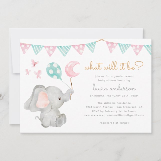 Invitación Baby Shower de Elephant Revelado de Género (Anverso)