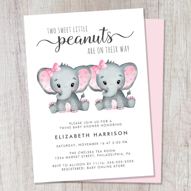 Invitación Baby Shower de Elephant Twin Chicas (Cute twin girls baby shower invitation)
