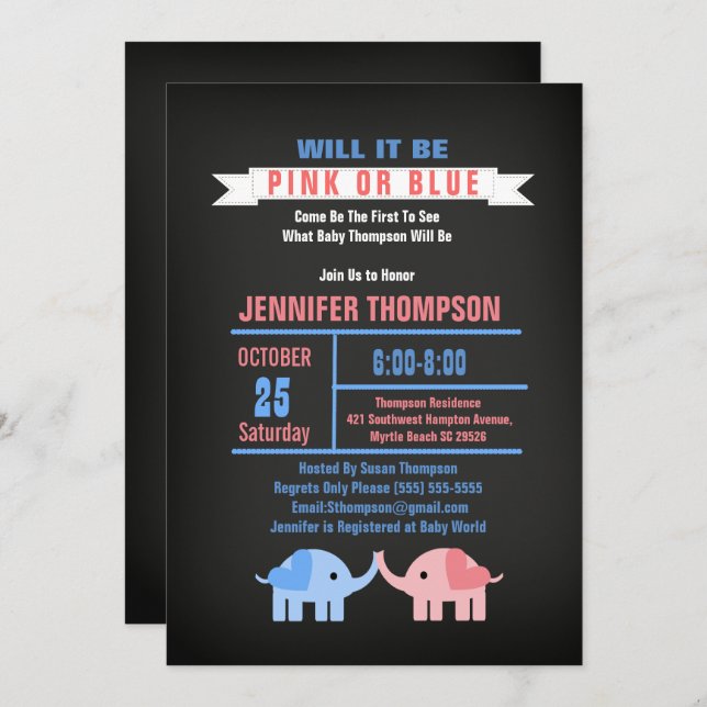 Invitación Baby Shower de Elephants Gender Revelan Chalkboard (Anverso / Reverso)