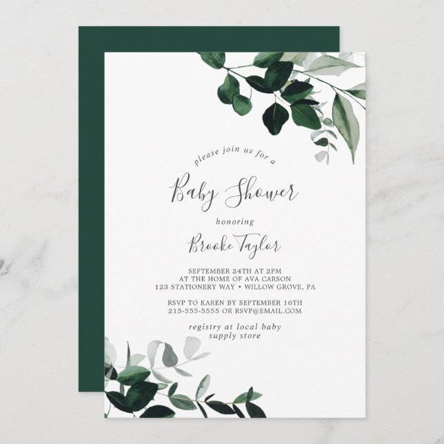 Invitación Baby Shower de Emerald Greenery (Anverso / Reverso)