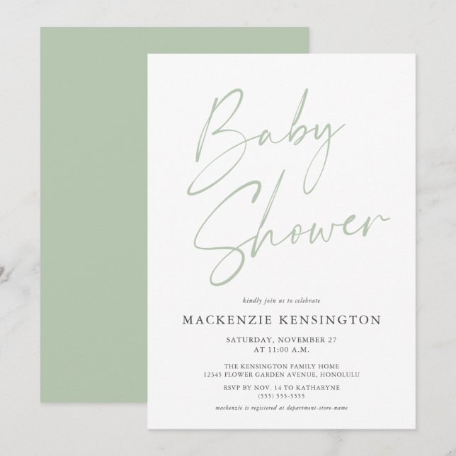 Invitación Baby Shower de escritura moderna verde claro (Anverso / Reverso)