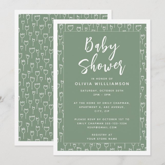 Invitación Baby Shower de escritura verde sabia moderna (Anverso / Reverso)