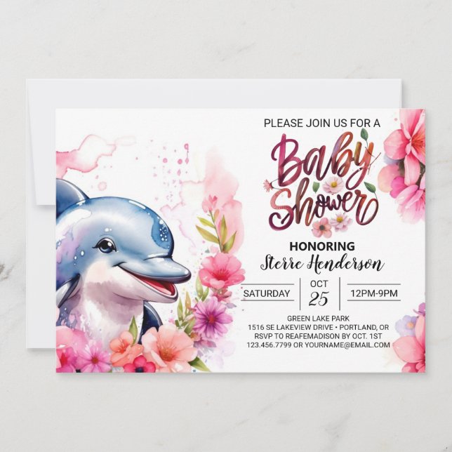 Invitación Baby Shower de esplash para delfines rosados (Anverso)