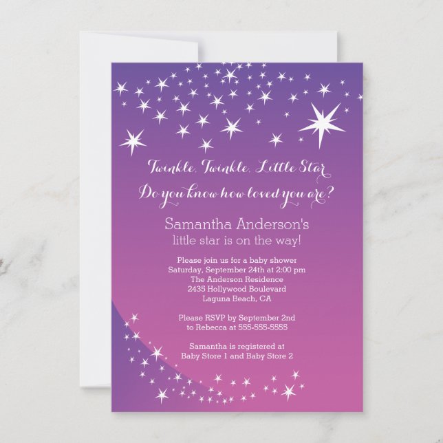 Invitación Baby Shower de estrella morada moderna (Anverso)