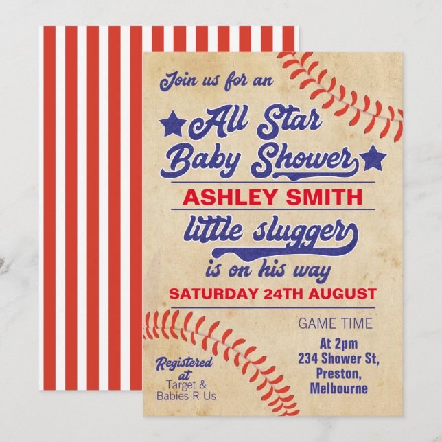 Invitación Baby Shower De Estrella O Béisbol (Anverso / Reverso)