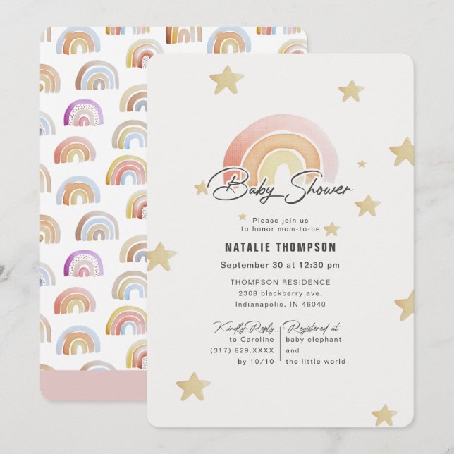 Invitación Baby Shower de Estrellas Arcoiris Rosadas (Anverso / Reverso)