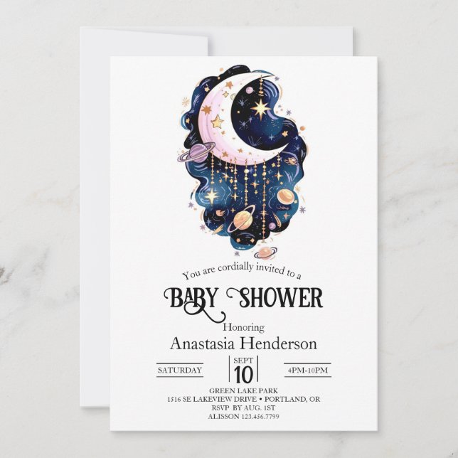 Invitación Baby Shower de estrellas celestes (Anverso)