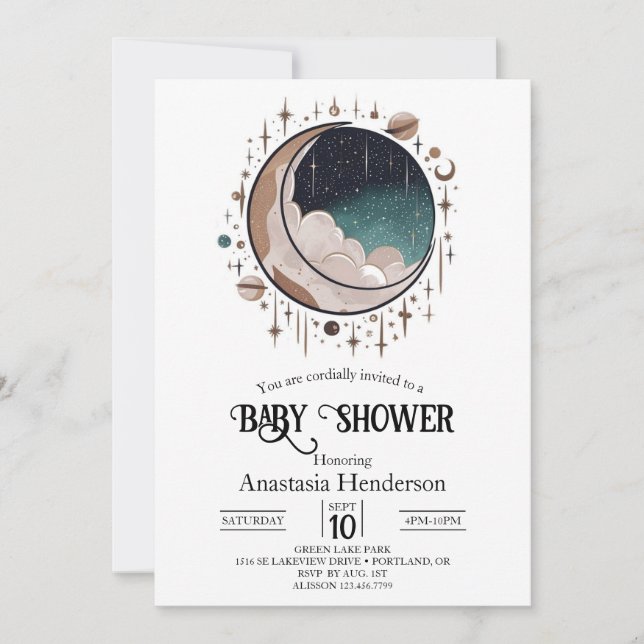 Invitación Baby Shower de estrellas celestes en el exterior (Anverso)