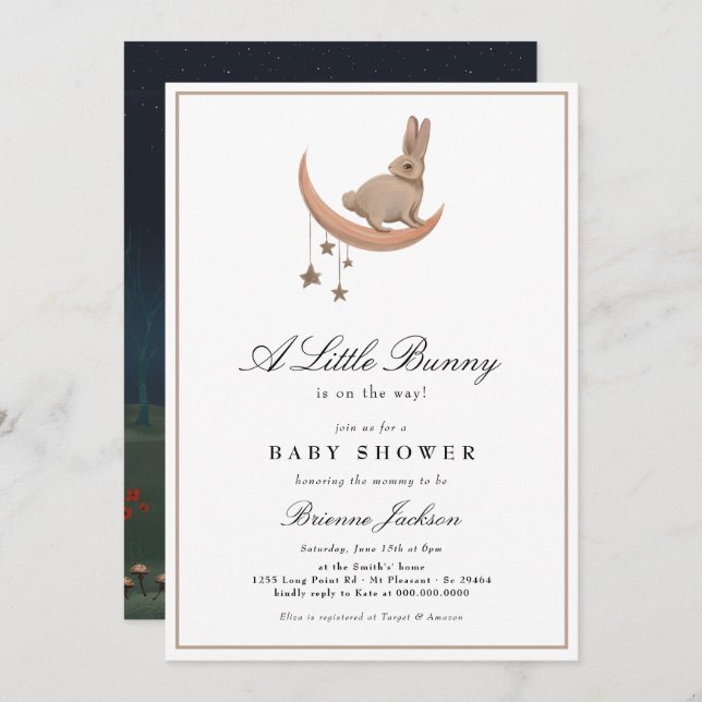 Invitación Baby Shower de Estrellas de la Luna de Conejo Neut (Anverso / Reverso)