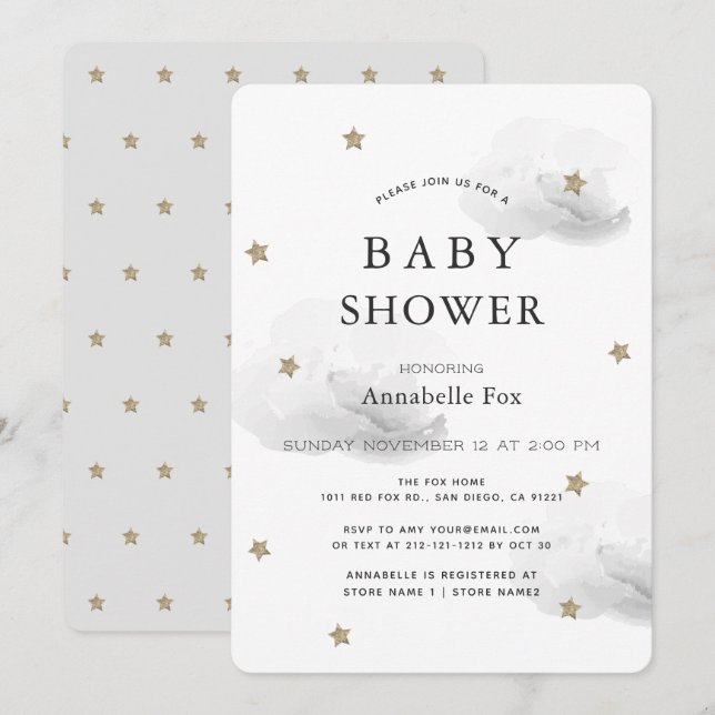 Invitación Baby Shower de estrellas de oro y nubes grises ond (Anverso / Reverso)