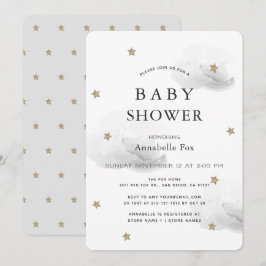 Invitación Baby Shower de estrellas de oro y nubes grises ond
