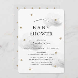 Invitación Baby Shower de estrellas de oro y nubes grises ond