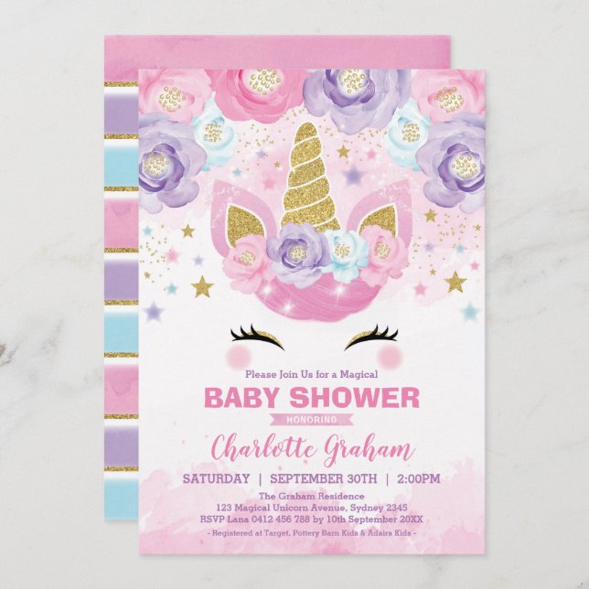 Invitación Baby Shower de Estrellas Mágicas Pink Purple Unico (Anverso / Reverso)