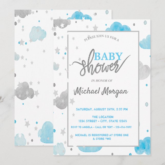 Invitación Baby Shower de estrellas y nubes (Anverso / Reverso)