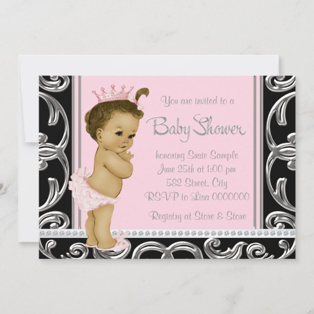 Invitación Baby Shower de etnia rosa y negra (Anverso)