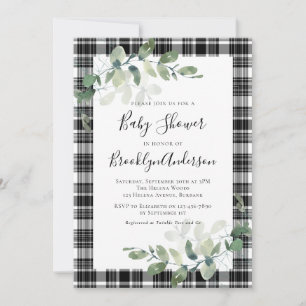 Invitación Baby Shower de eucalipto blanco negro