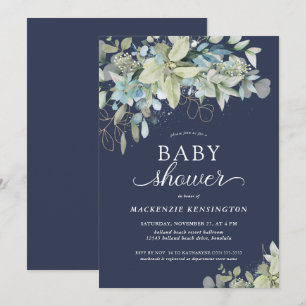 Invitación Baby Shower de eucalipto botánico azul de la marin