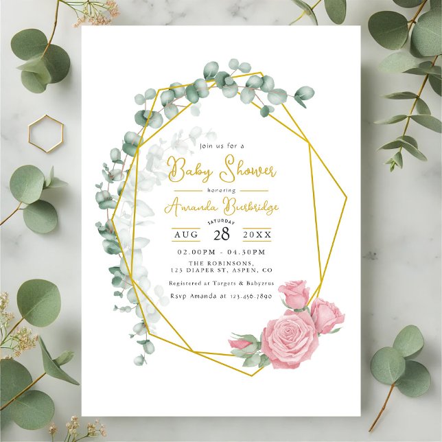 Invitación Baby Shower de eucalipto geométrico y rosa dorado (Gold Geometric Eucalyptus & Pink Roses Baby Shower Invitation)