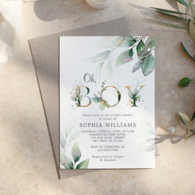 Invitación Baby Shower de eucalipto verde y oro (Subido por el creador)