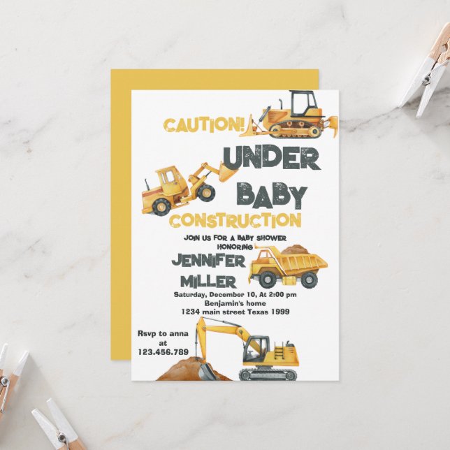 Invitación Baby Shower de excavador de camión de remolque ama (Anverso/Reverso In Situ)