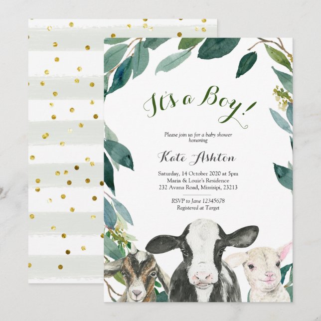 Invitación Baby Shower de Farm Animal Greenery Boy (Anverso / Reverso)