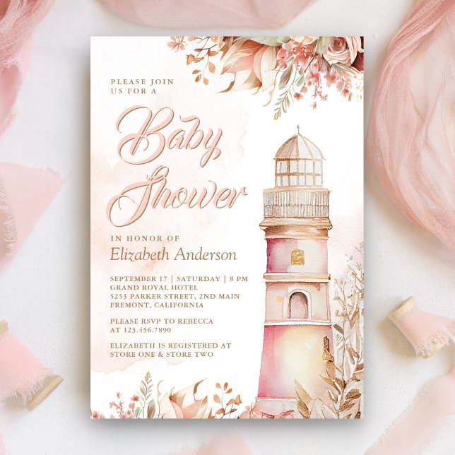Invitación Baby Shower de faro floral de boho rosa (Subido por el creador)