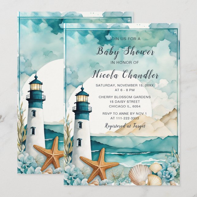 Invitación Baby Shower de faro náutico (Anverso / Reverso)