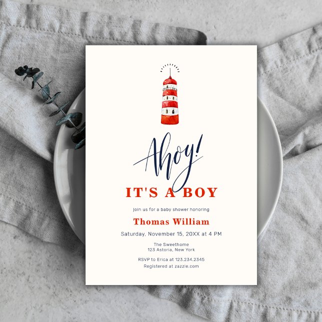 Invitación Baby Shower de faro náutico moderno (Modern Nautical Lighthouse Baby Shower Invitation)