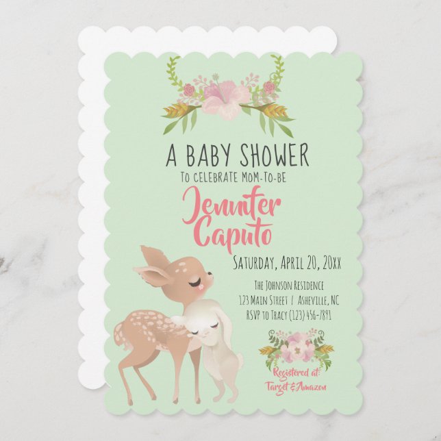 Invitación Baby Shower de Fawn y Bunny (Anverso / Reverso)