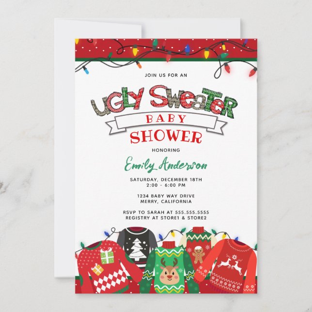 Invitación Baby Shower de festividad de suéter feo (Anverso)