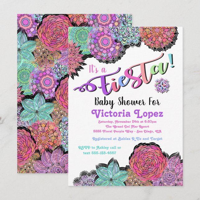 Invitación Baby Shower de Fiesta Floral Mandala (Anverso / Reverso)