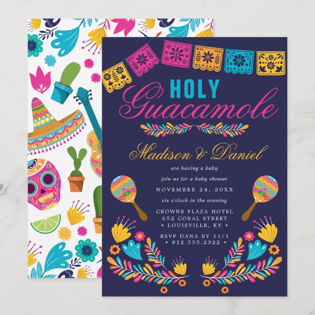 Invitación Baby Shower de Fiesta Floral Santo Guacamole (Anverso / Reverso)