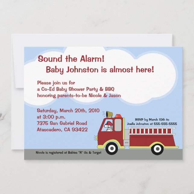 Invitación Baby Shower de Fire Truck FIremen 5x7 (Anverso)
