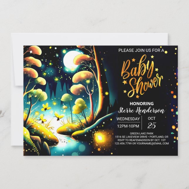 Invitación Baby Shower de Firefly Glow Woodland Night (Anverso)