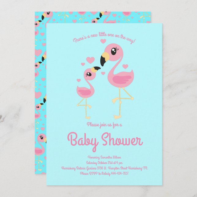 Invitación Baby Shower de flamengo rosa (Anverso / Reverso)