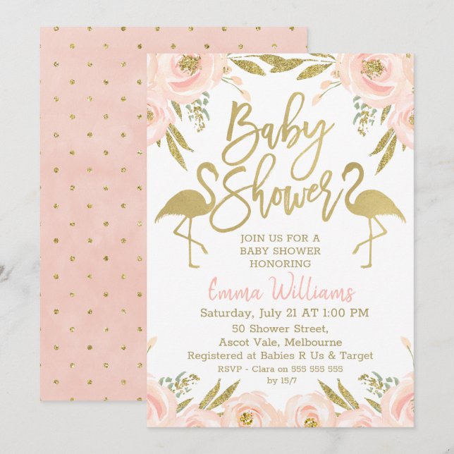 Invitación Baby Shower de Flamingo Rosa Dorado (Anverso / Reverso)